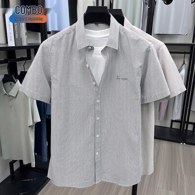 Men s Embroidered Striped Short Sleeve Business Casual Shirt XL