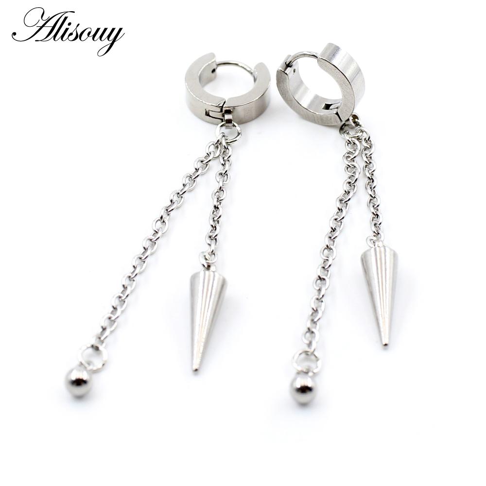 Alisouy 2PCS Stainless Steel Star Cross Snake Spike Skull Sword Blade Chain Feather Spider Dangle Women Men Huggie Hoop Earrings
