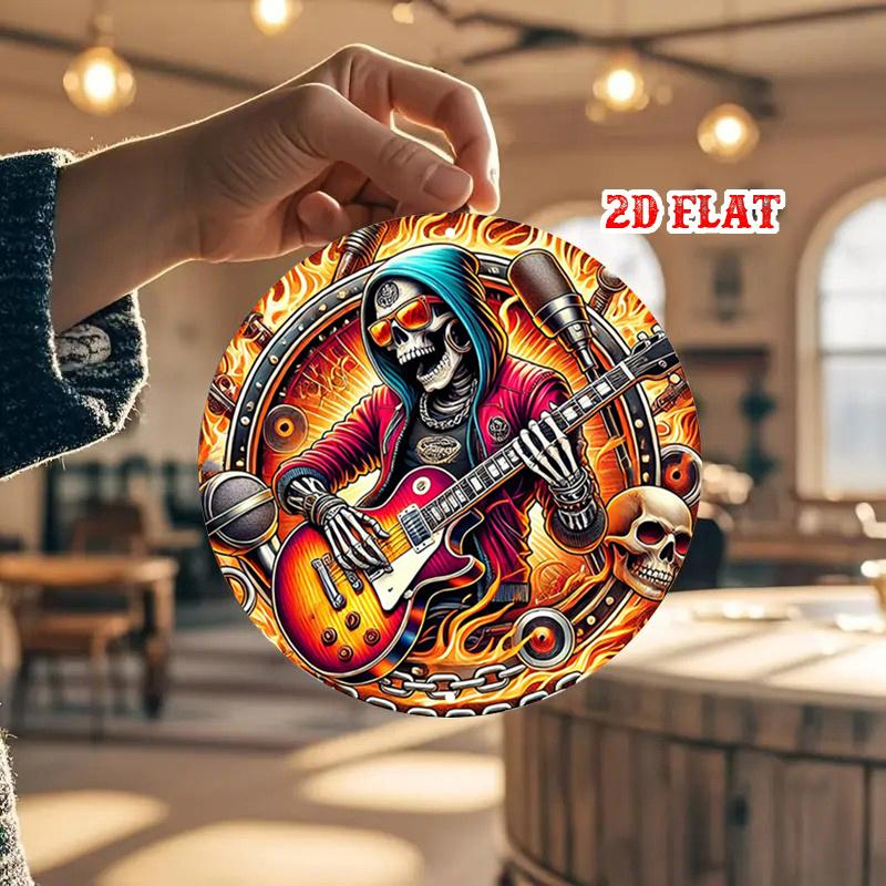 D Flat pc Vintage Rock Musician Metal Wall Art  Guitar Player with Flames Retro Garage Band Decor  Lightweight Aluminum