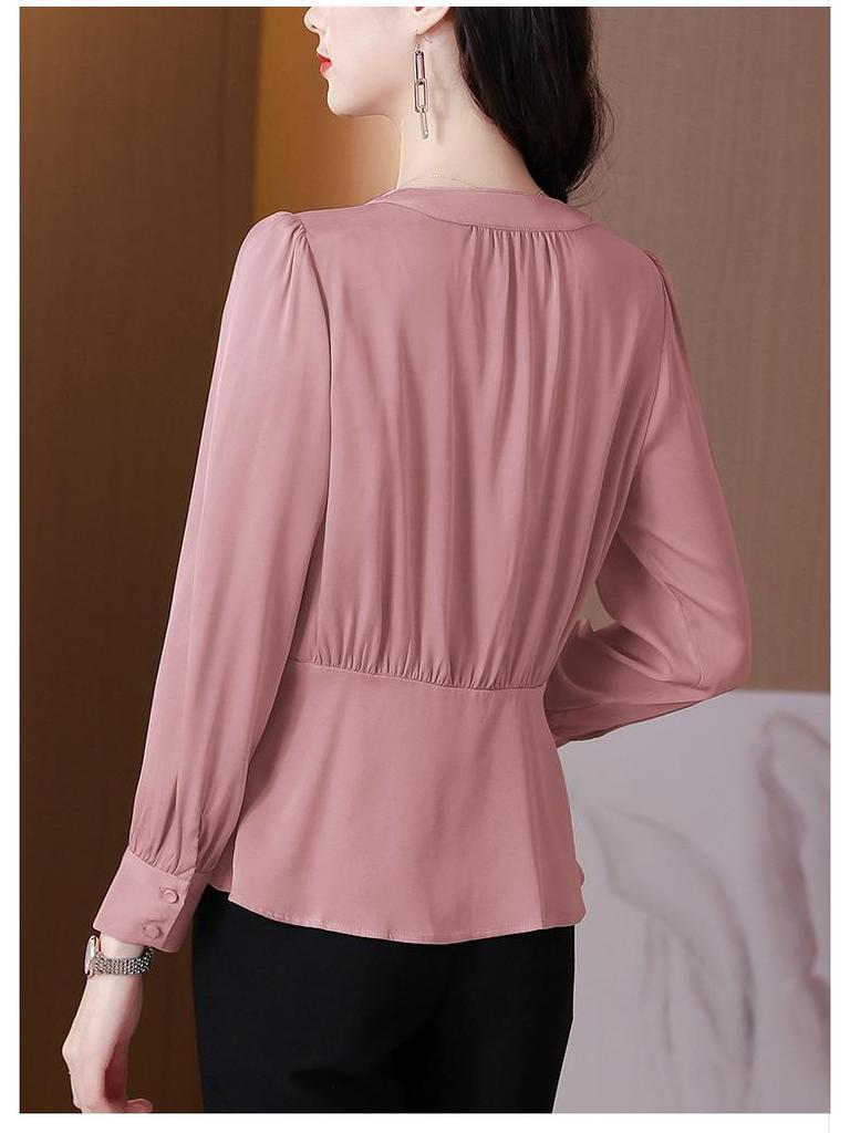 2023 Damen V-Ausschnitt Satin Seide Langarm Oberteil - Herbstmode Slim-Taille Design