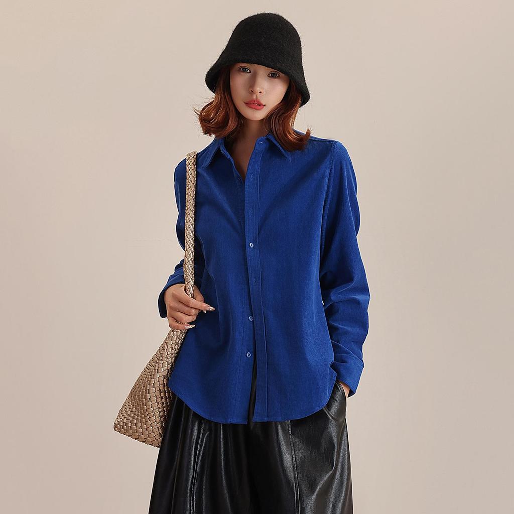 Women's Long Sleeve Washed Corduroy Blouse - Drop/Regular Shoulder, 100% Cotton, Slim Fit, for Spring, Autumn, Winter.