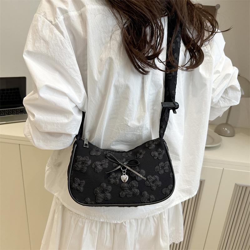 Bow Floral Print Pleated Crescent Bag Shoulder Bag Women'S Trendy Crossbody Bag Girl Sweet Handbag High-End Commuter Bag