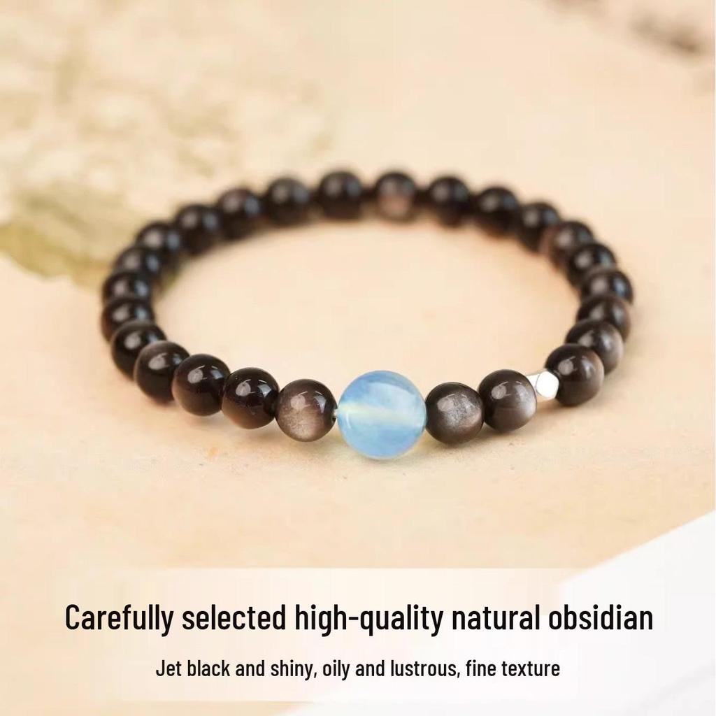 Bransoletka Srebro S925 Naturalny Obsydian Tęczowy i Kwarc Dymny dla Kobiet – Idealny Prezent dla Dziewczyny lub Pary