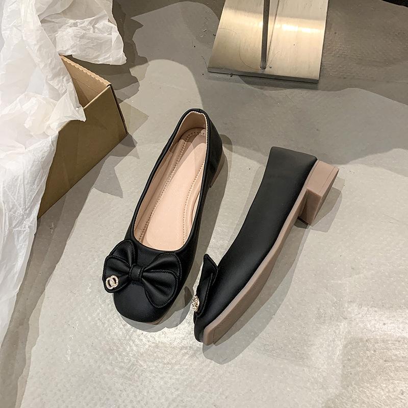 

Doudou shoes women s spring and autumn 2025 new Korean version square head thick heel shallow mouth single shoes bow comfortable four seasons women 40 чёрный