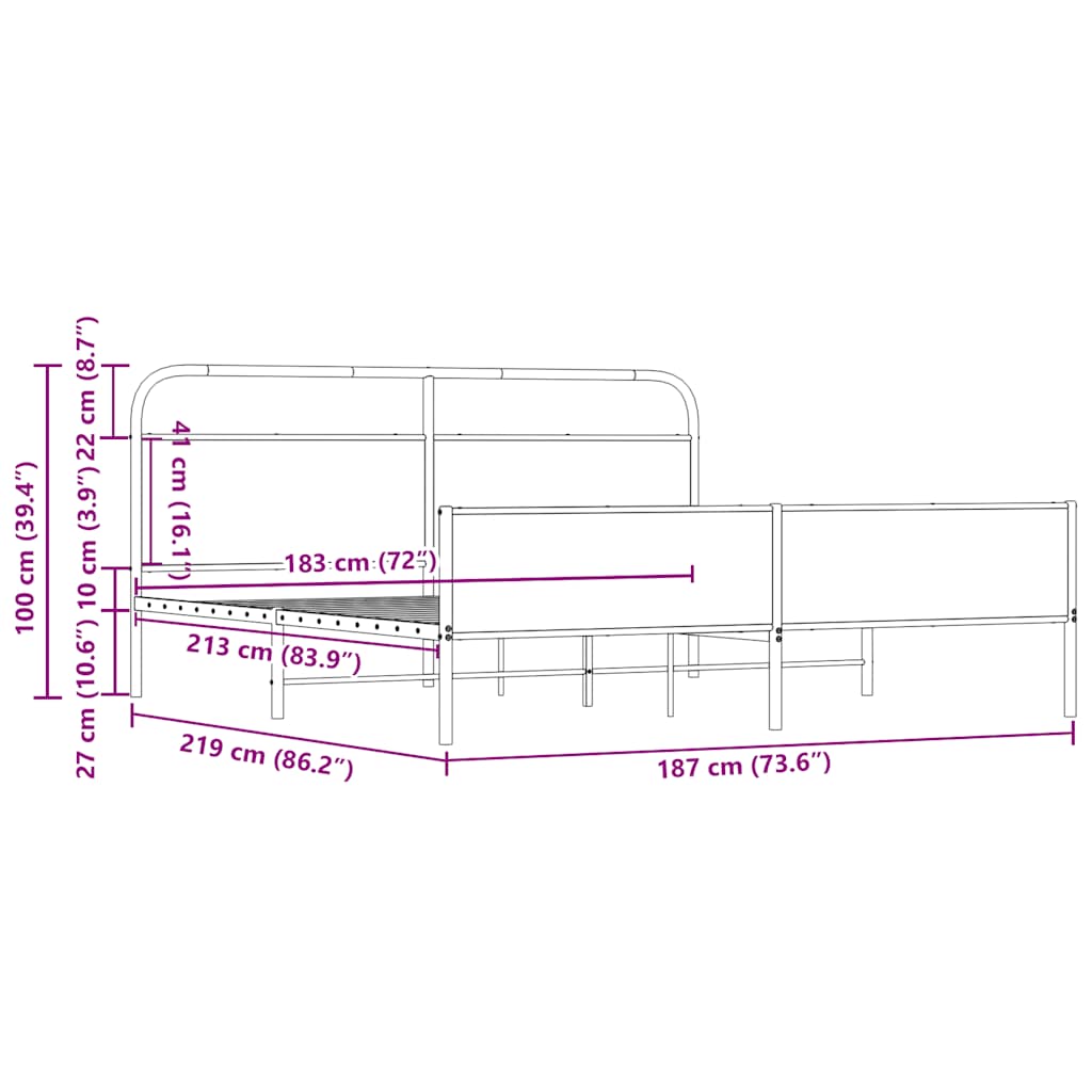 Metal Bed Frame without Mattress Sonoma Oak Finish 183 x 213 cm