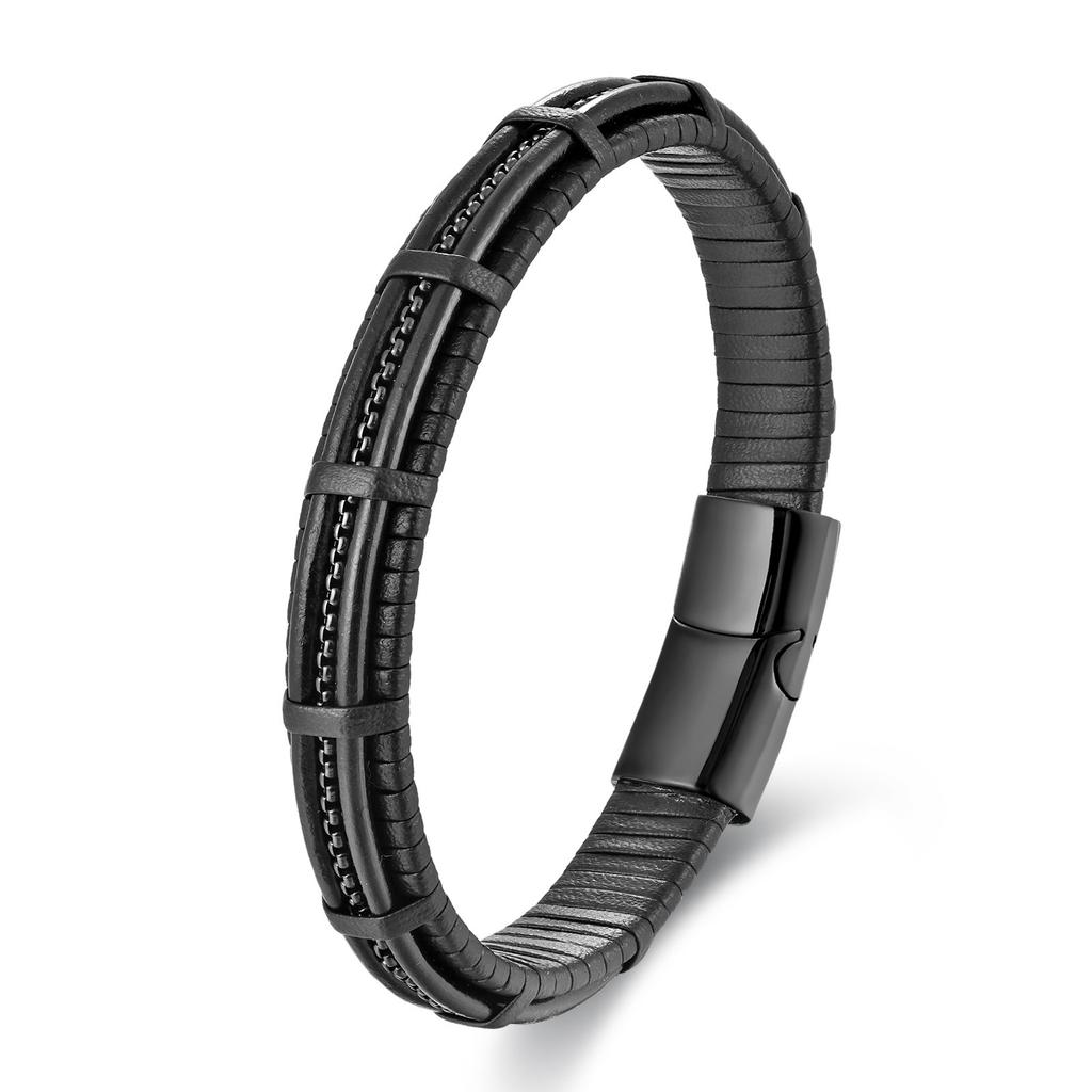Black Leather Rope Cowhide Men's Double Layer Genuine Leather Woven Bracelet Handmade Multilayer Leather Bracelet 2026