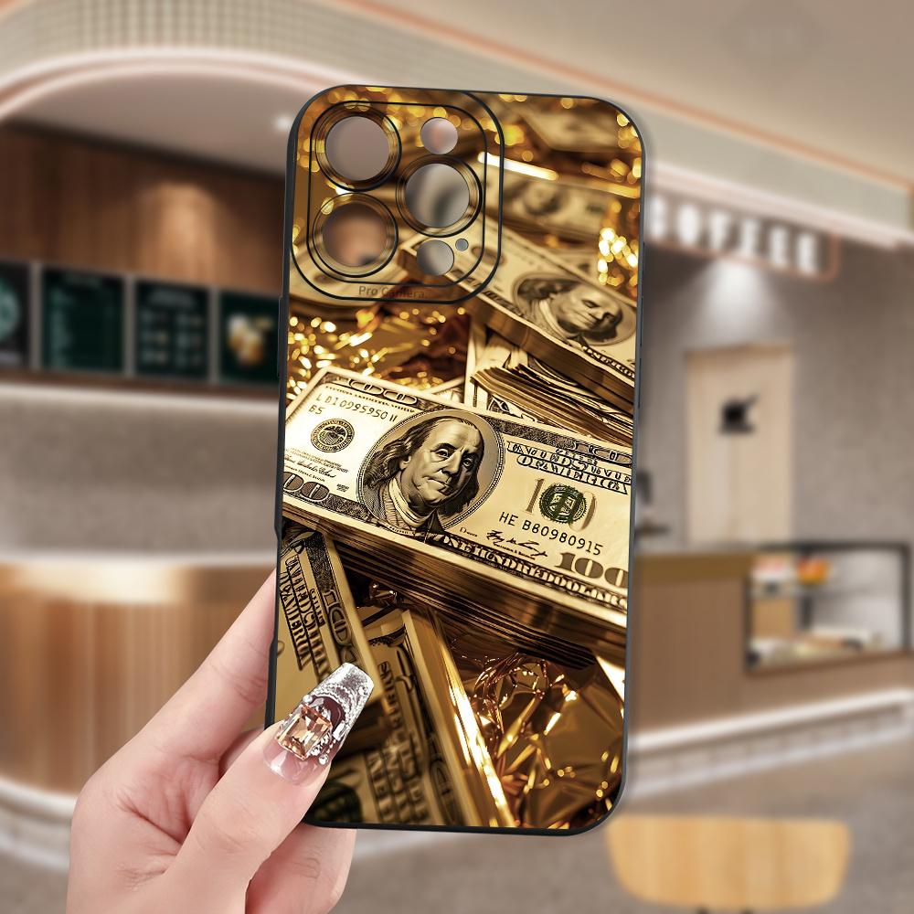 Gold US Dollar Banknote Print Design Phone Case For iPhone 16 15 14 13 12 11 Pro Max X XS XR 15 Plus 16e Silicone Soft Cover