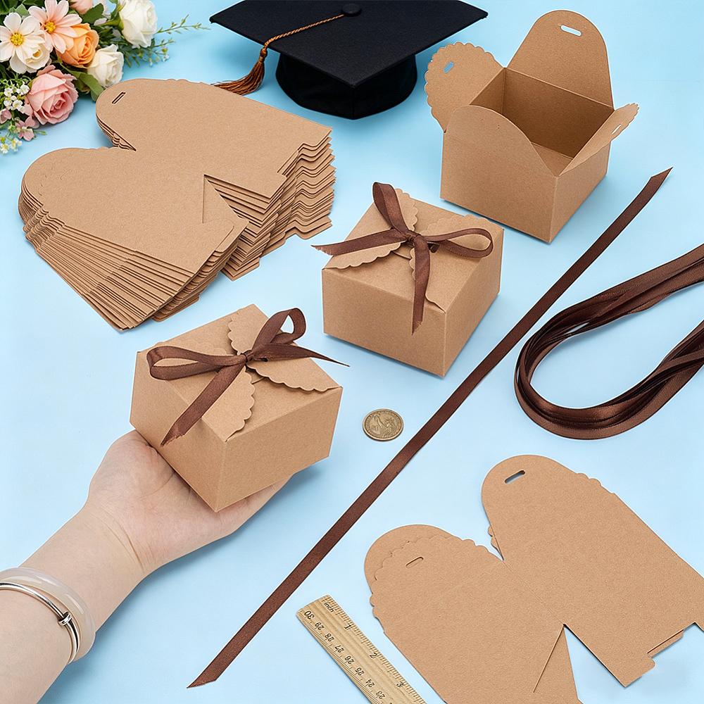 30sets Folding Paper Gift Packing Boxes with Polyester Ribbon Square BurlyWood 9x9x6cm