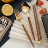 Stainless Steel Cutlery Spoon Chopsticks Wooden Handle Dinnerware Portable Fork Spoon For Fruit Dessert Kitchen Tableware