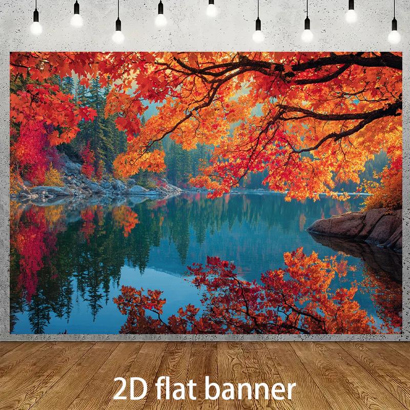 2D Plane, 1 Piece of Autumn Forest Lake Fallen Leaves - Red, Pumpkin and Violet
