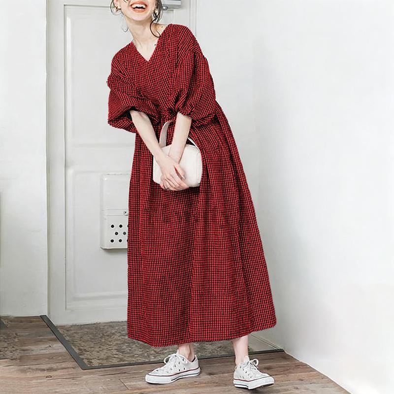 ZANZEA Women Casual V-Neck Summer Short Sleeve Plaid Print Dress