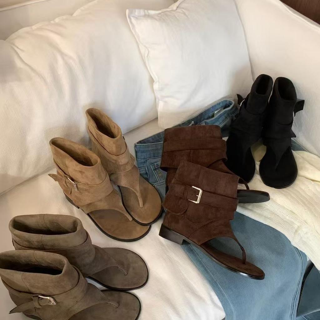 Pinch feet open-toed thick-heeled belt buckle sleeve 2025 new cool boots women's summer fashion daily versatile flat-bottomed short boots