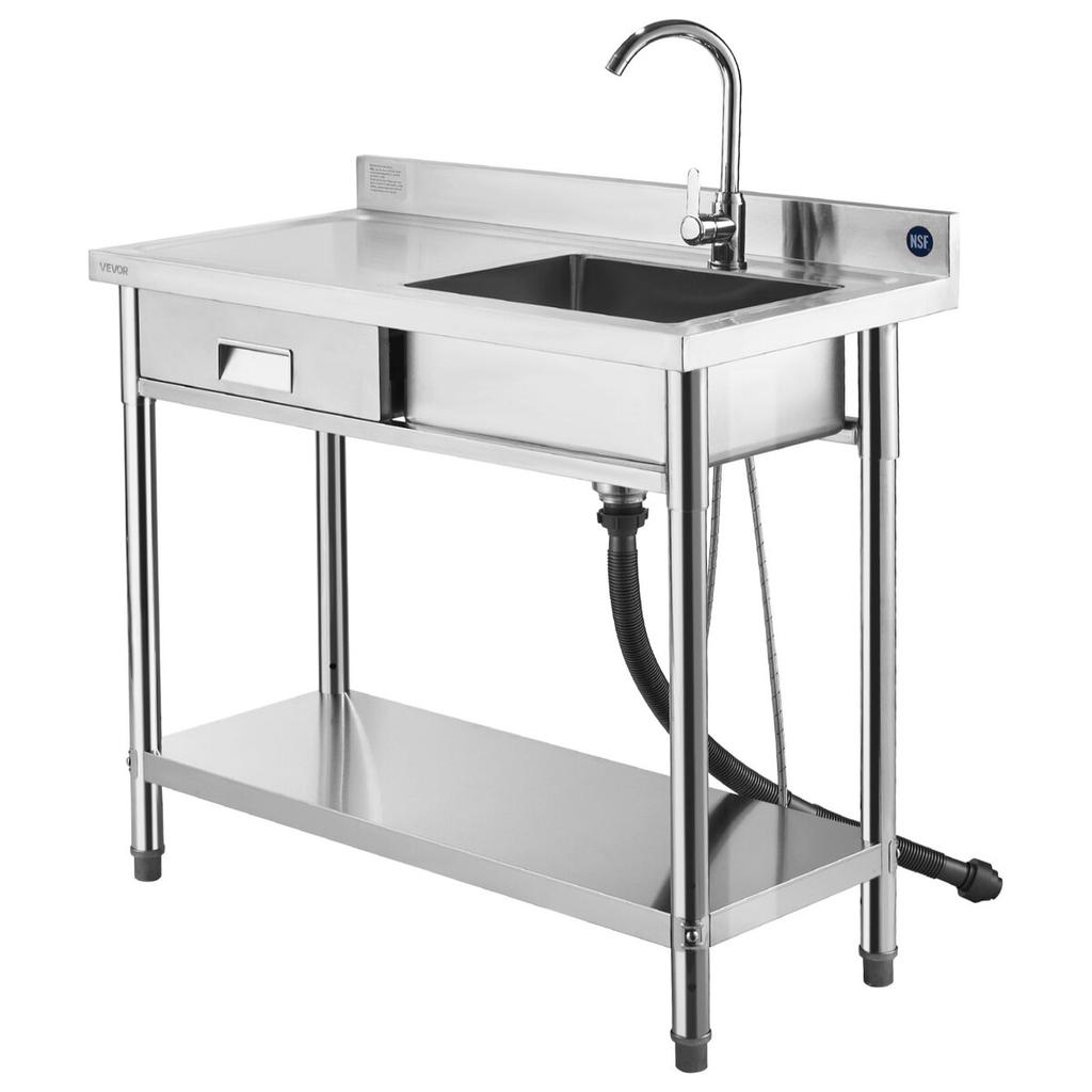 Stainless Steel Utility Sink, Free Standing Single Bowl Commercial Kitchen Sink with Drawer, Faucet and Hot & Cold Water Pipe, Utility Basin for