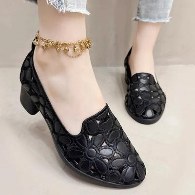Fashion Round Toe Shallow Mouth Cutout Breathable Embroidered Single Shoes Autumn New Slip-proof Wear-resistant High Heels