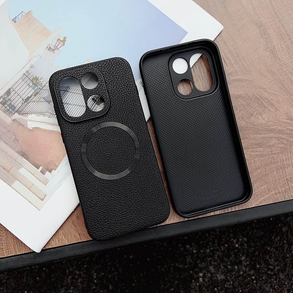 With Magsafe Magnetic Plain Leather Lychee Case For One Plus 15 13s 13T 13R 13 Ace 5 OnePlus Nord 5 4 CE 5 Camera protect Cover
