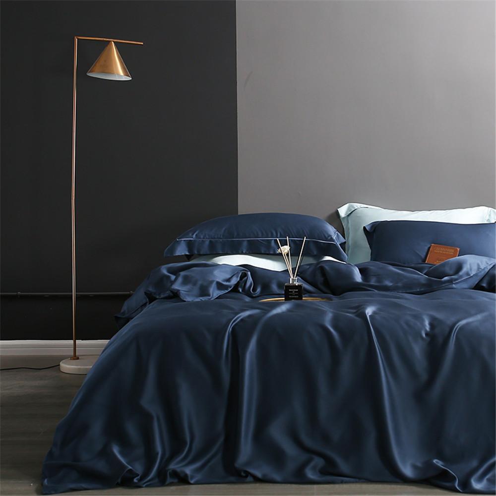 Sondeson Nature 100% Silk Dark Blue Bedding Set Healthy Skin Beauty Queen King Duvet Cover Set Flat Sheet Pillowcase Bed Linen