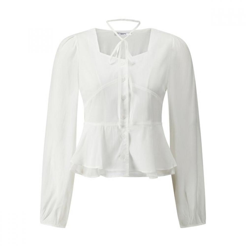 Ribbon Neck Square Double Ruffle Blouse  Gq1sh009f 