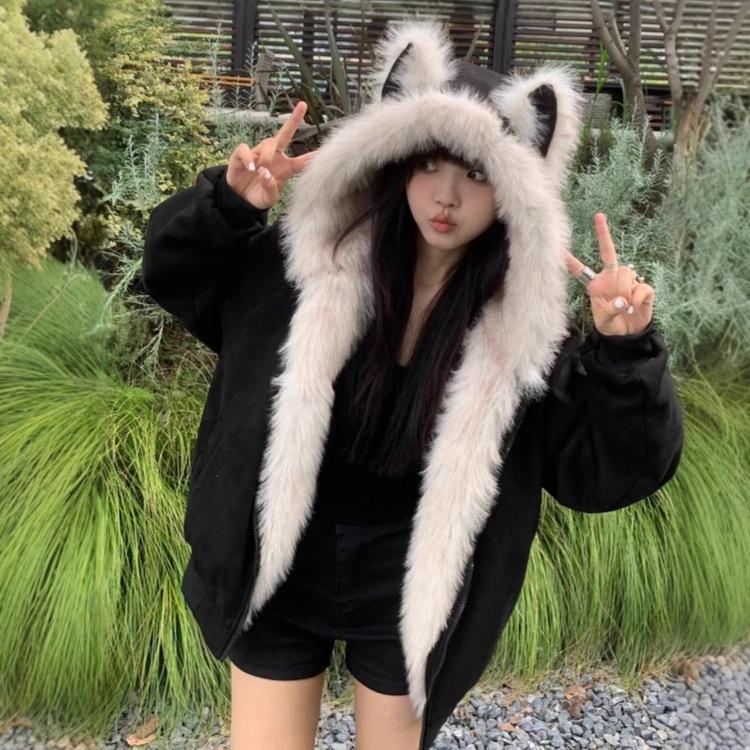 Black fur collar padded seat mountain carving cat ear jacket men's and women's autumn and winter thickened couple's cotton-padded clothes cotton-padde