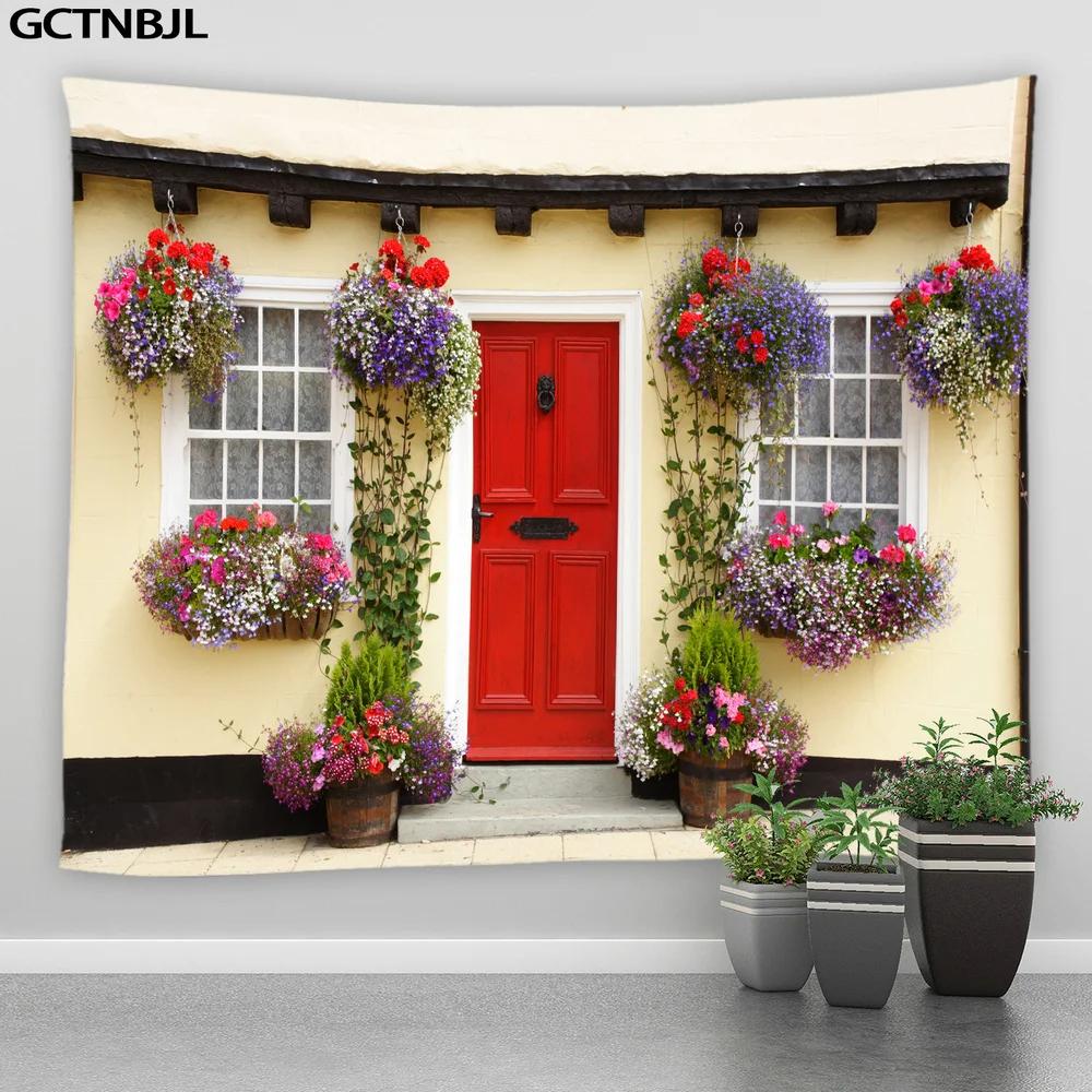 Landscape Tapestry Flowers Plant Retro Style Old Door Rural Scenery Wall Hanging Big Tapestries Bedroom Background Decor Blanket