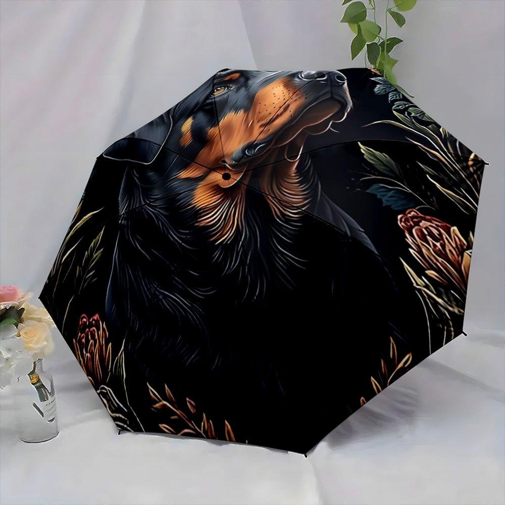 Rottweiler Portrait Folding Umbrella with Floral Accents - Automatic Open/Close, 8-Rib Durable Design, Compact & Portable for