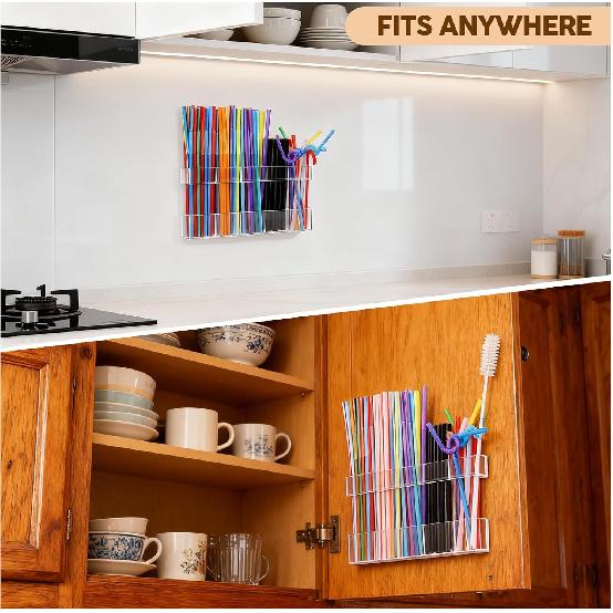 Clear Straw Holder for Cabinet Door, Acrylic Adhesive Straw Organizer for Saves Space Inside Cabinet Door & Kitchen Counters Storage