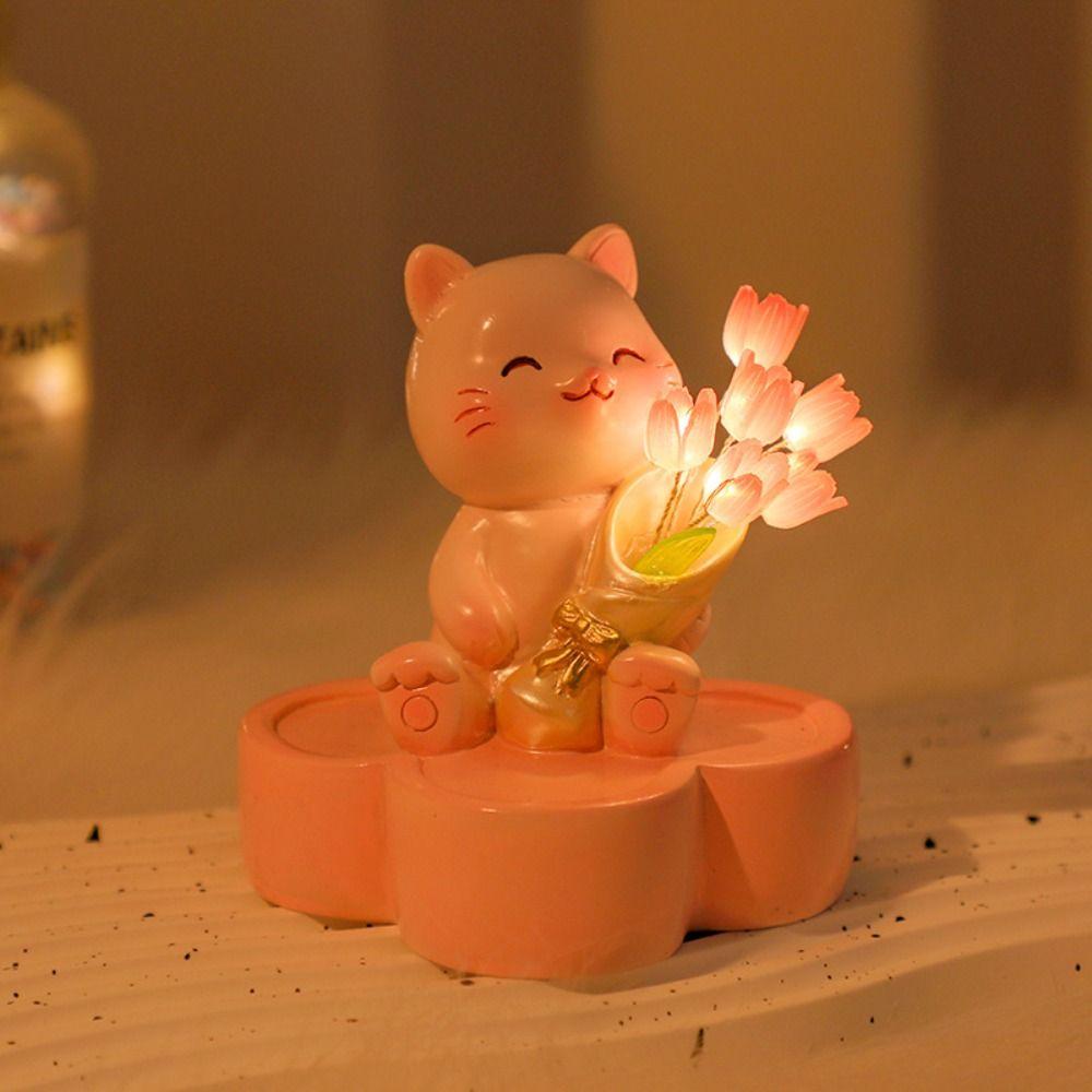 Kawaii Little Cat Tulip Night Light Cartoon Animal Bouquet Sculpture Bedroom