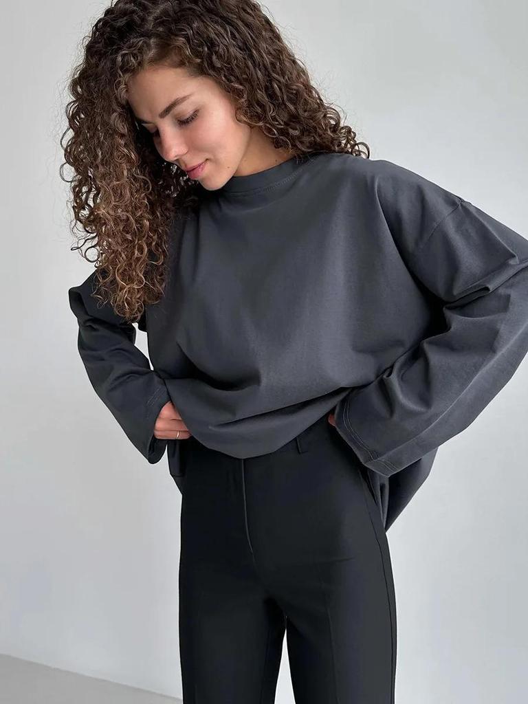 Frühling 2024 Damen reines Baumwoll-T-Shirt mit lockerem Schnitt und langen Ärmeln - GUIYAKECOOL