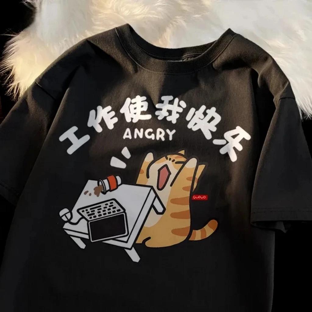 Módní Nový Trend Kočičí Potisk pro Muže a Ženy Retro Personalizovaný Vzor Tričko Volné a Módní Tričko s Kulatým Výstřihem