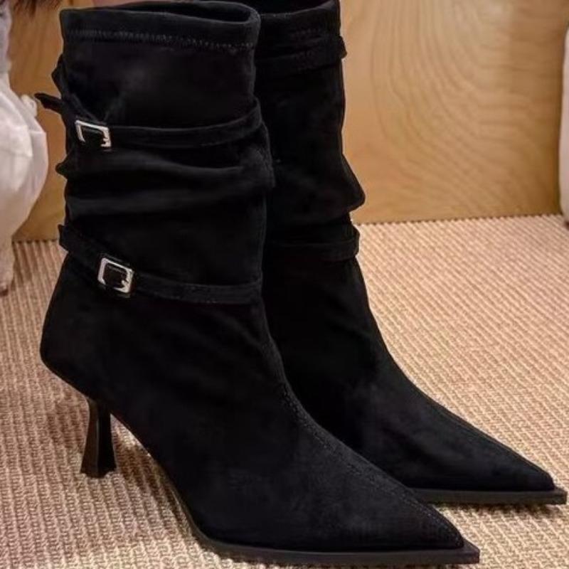 Women's Autumn New Sexy Pointed Designer High Boots  Daily Versatile Skirt with A Slip-on Buckle Mid-calf Boots Large Size