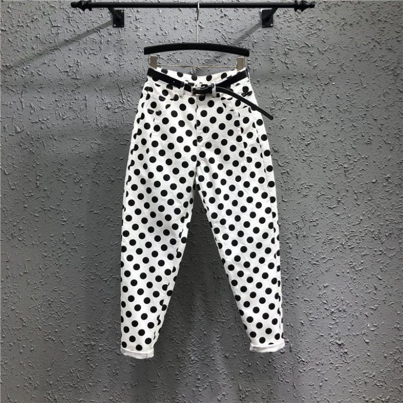 

European Style High Waist Polka Dot Cropped Harem Pants: Elastic, Loose, and Slimming Tapered Design for Summer. 3XL [61-65 kg]