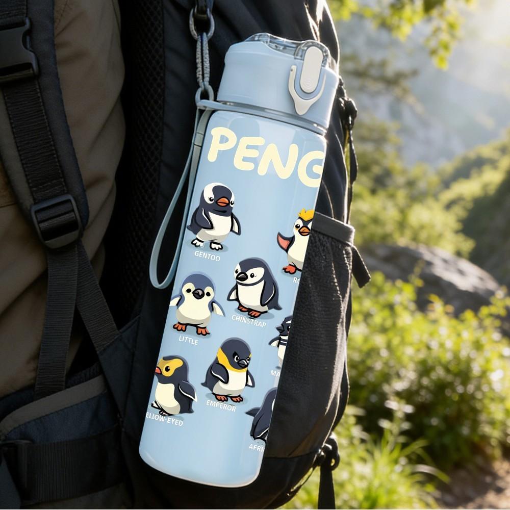 1PC Penguin Group Cute Bird Animal Print 750ml Color Plastic Sports Water Bottle Leakproof Flip Straw Lid Suitable for Sports Office Home Use