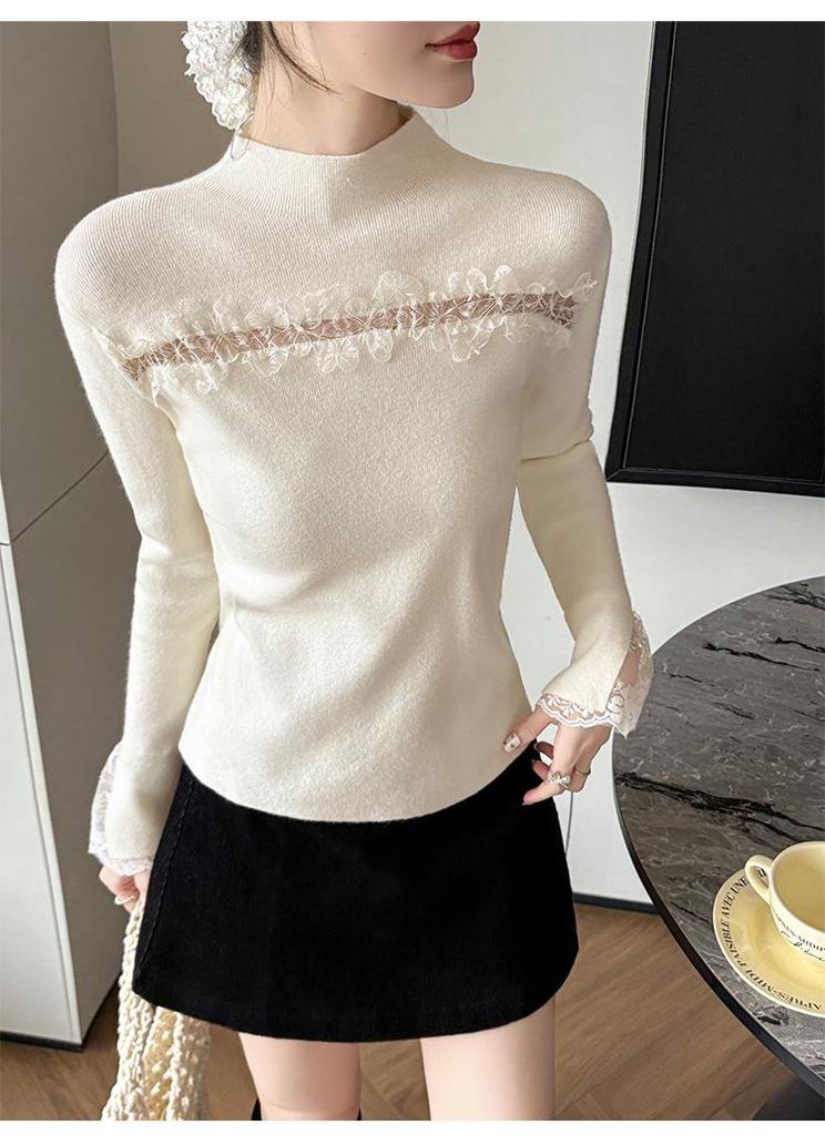 2026 Lace Trim Long Sleeve Korean Style Knit Sweater for Women: Autumn Winter Slightly Sexy Inner or Outer Wear