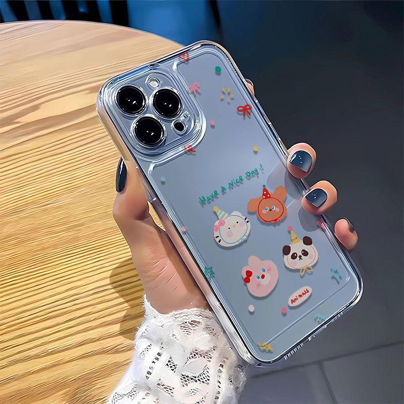 Animal Party Transparent Space Case for iPhone 15/15 Pro/16/17 Pro Max - Precise Cutouts and Soft Shell