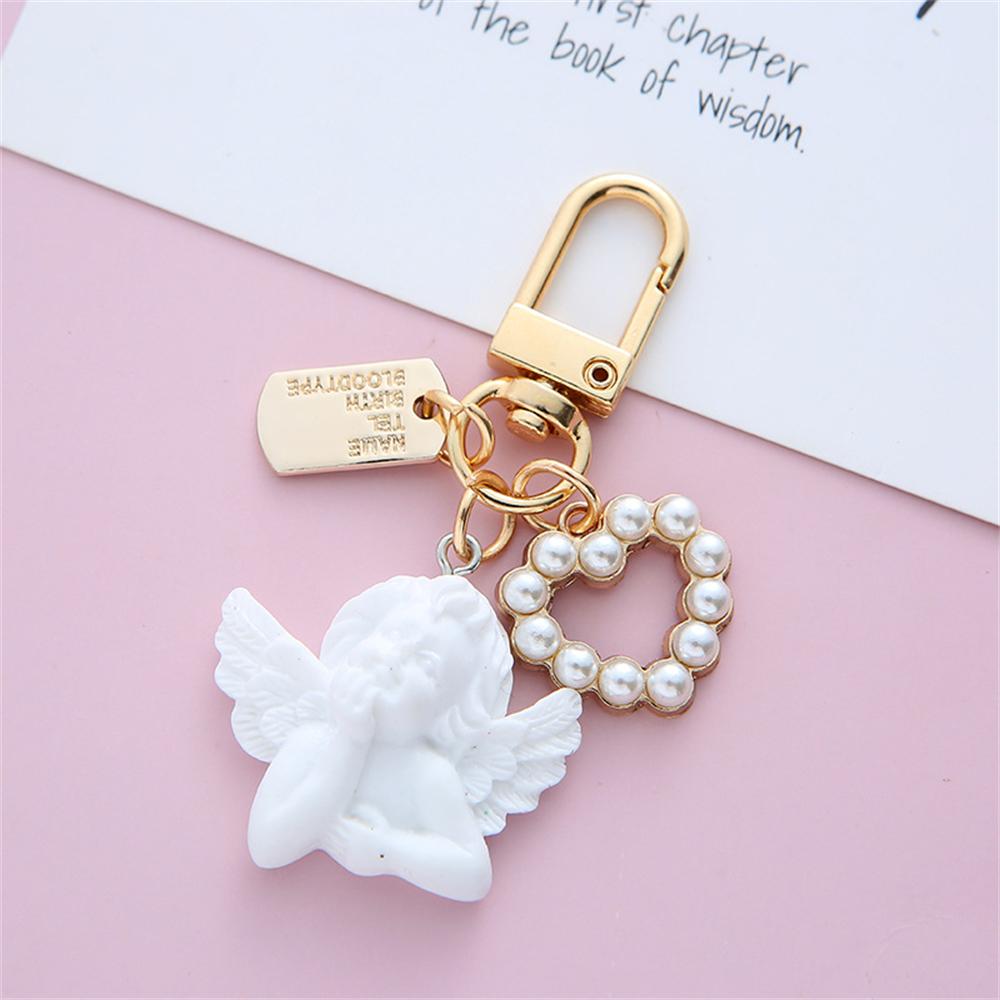 Creative White Angel Keychain Vintage Mini Pearl Keyring Gold Color Car Key Holder Bag Charms Accessories Holiday Gift For Women
