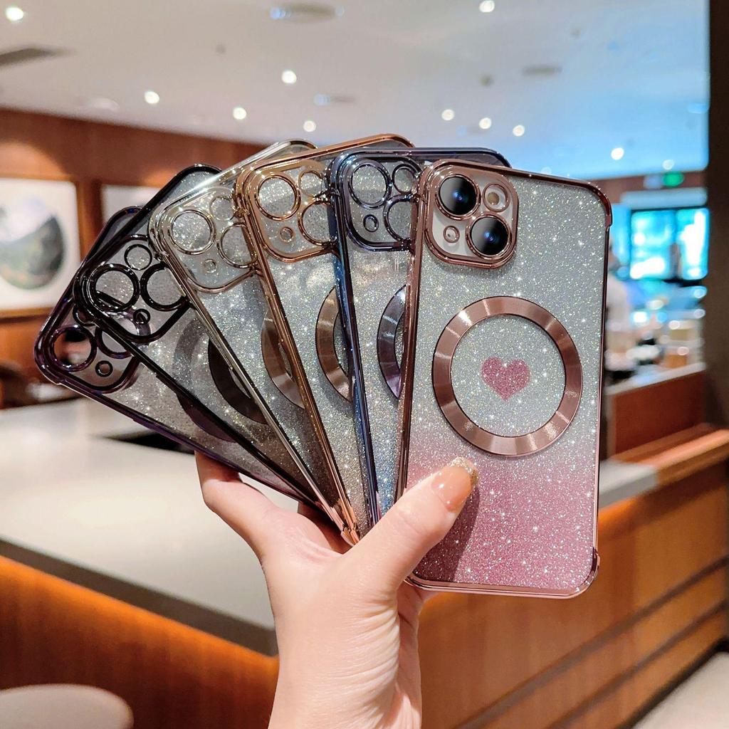 iPhone 15 Pro Heart Gradient Glitter Magnetic Case - Soft, Protective for Apple 13/11