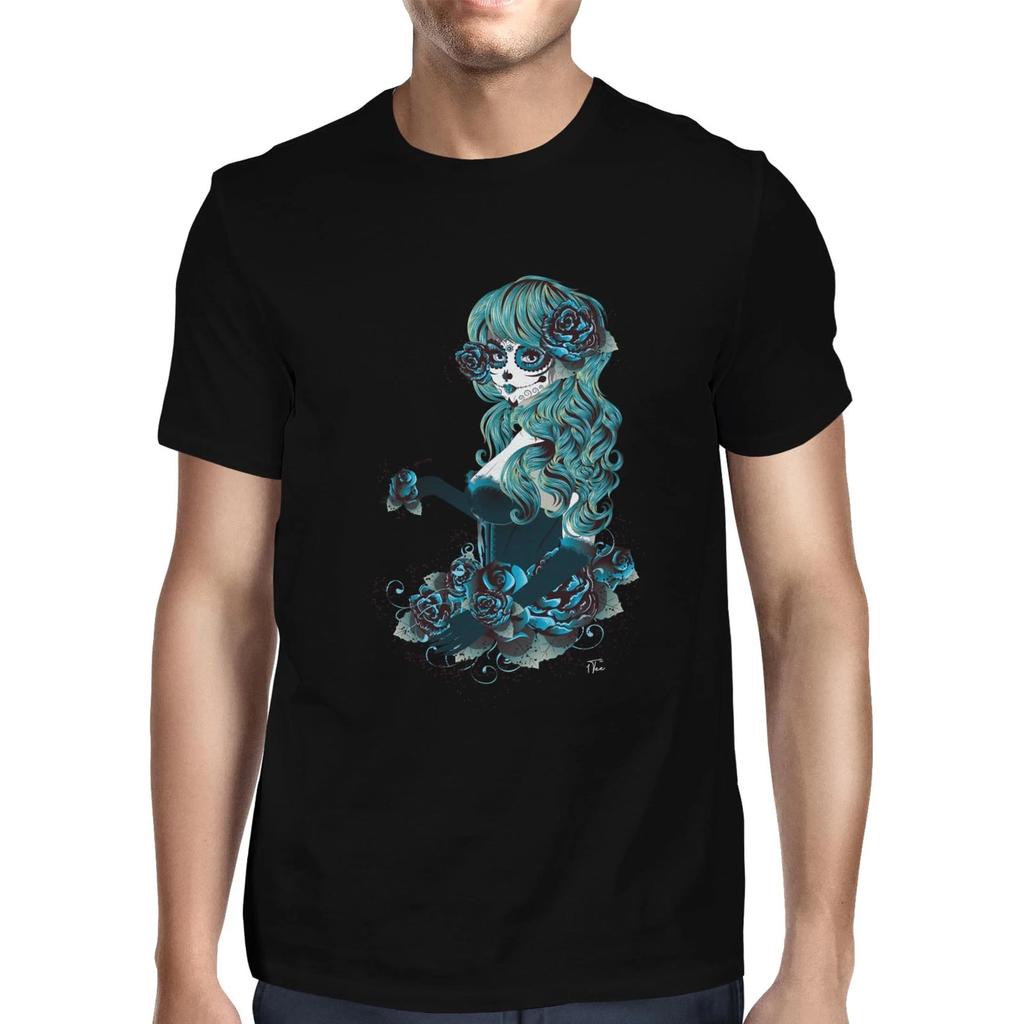 1Tee Mens Day of the Dead Sugar Skull Blue Woman with Long Hair T-Shirt