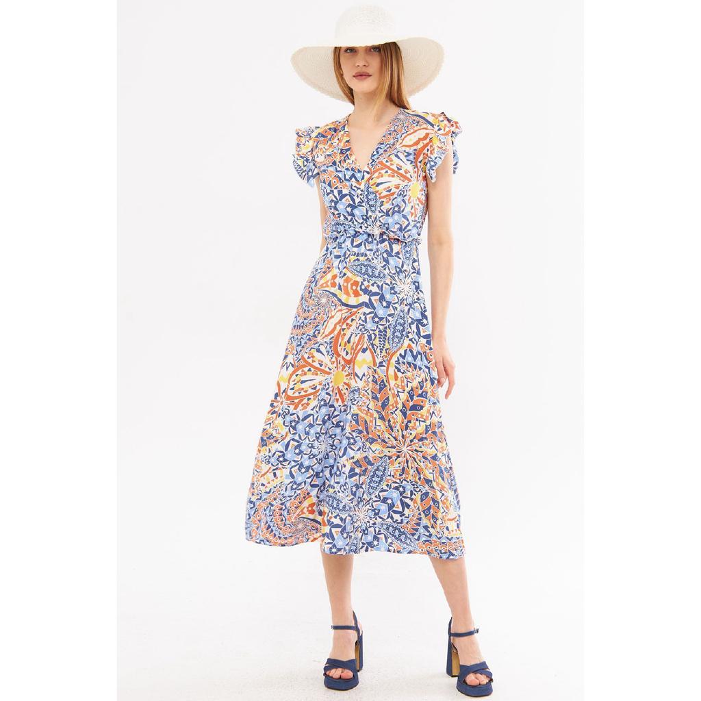 Vestido midi beige para mujer, cuello cruzado, volantes en los hombros, cintura elástica, largo midi, mangas 24y001020