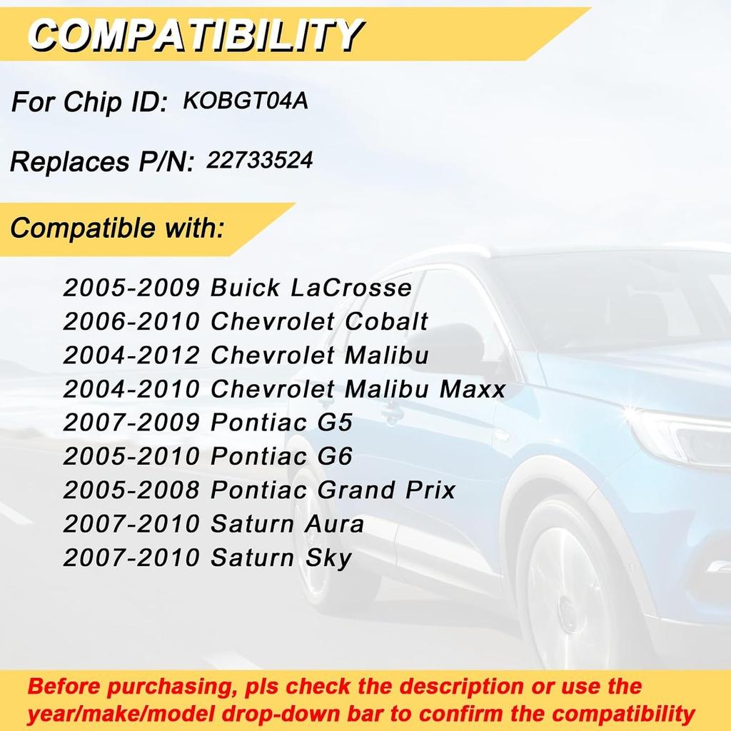 Key Fob for 06-10 Chevy Cobalt/ 04-12 Malibu/ 07-09 Pontiac G5/ 05-10 G6/ 05-08 Grand Prix/ 05-09 Buick Lacrosse Car Keyless, KOBGT04A, 5 Buttons