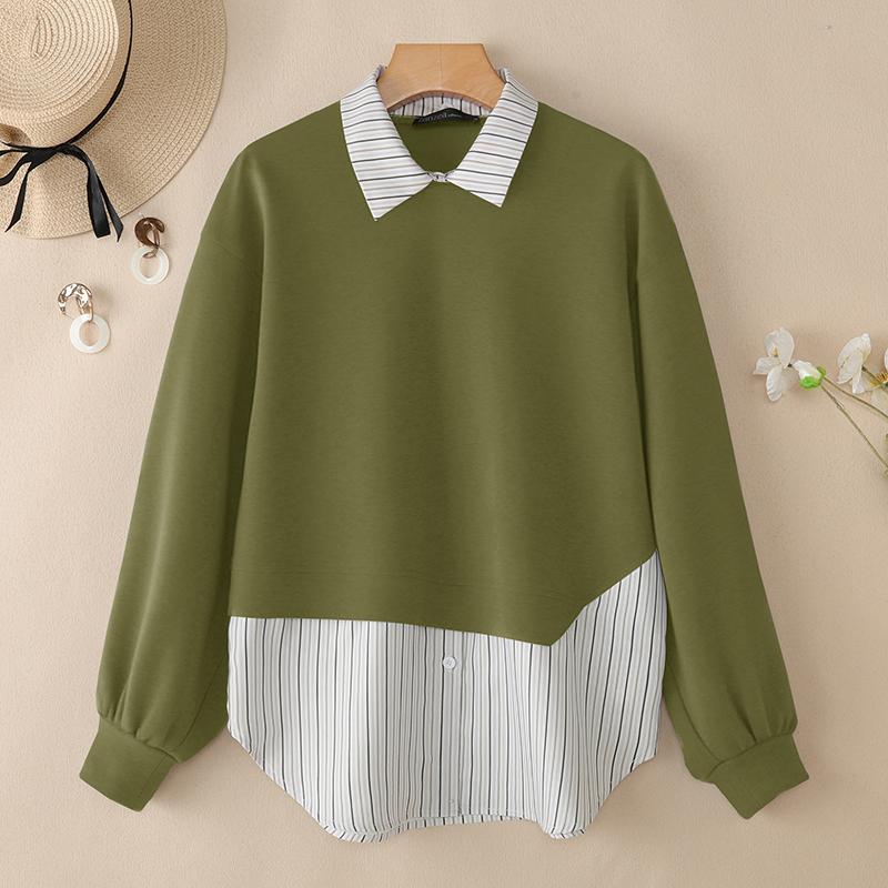 ZANZEA Women Stripe Splice Turn Down Collar Long Sleeve Thin Pullover Sweatshirt