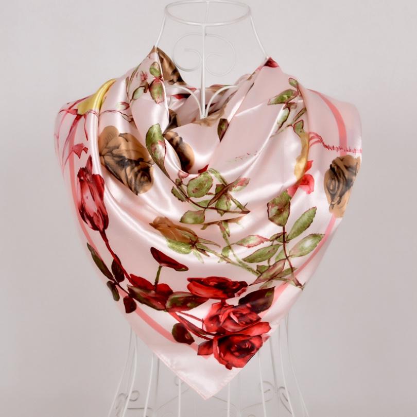 [BYSIFA] Navy Blue Chinese Roses Large Square Scarves New Female Elegant Large Silk Scarf Fashion Ladies Accessories 90*90cm