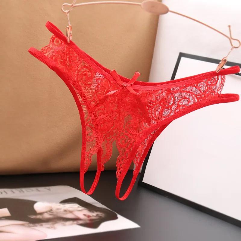 Sexy Lingerie Women Transparent G-strings Thongs Crotch Opening Lace Panties with Bowknot for Ladies