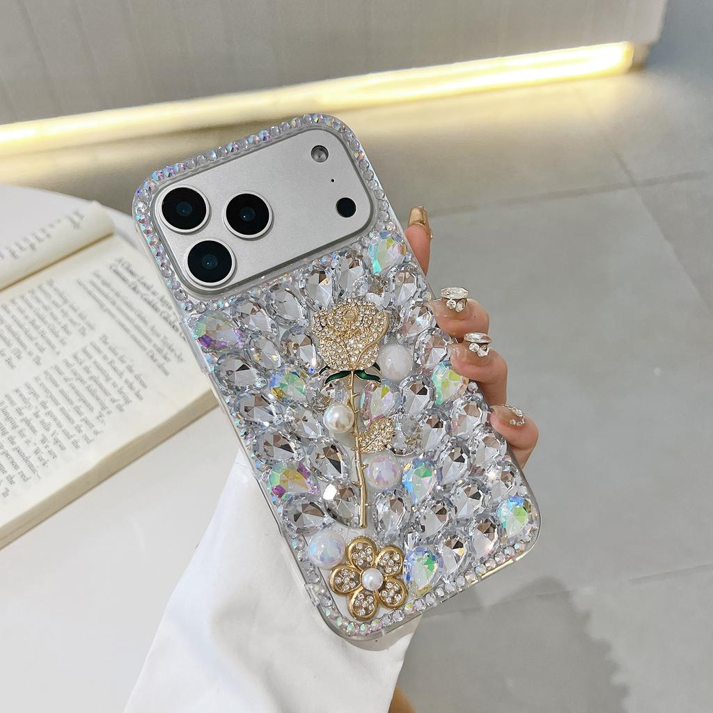 Pearl rose rhinestone suitable for iphone17/16pro max mobile phone case Apple 15 full diamond 14 protective case