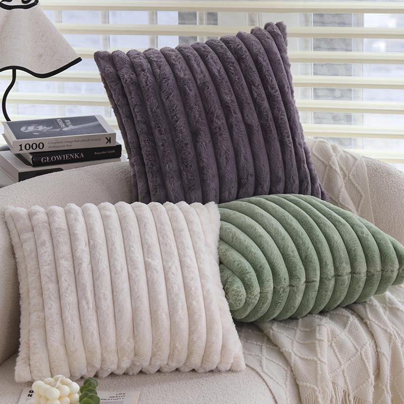 Soft Rabbit Fur Plush Pillow Cover Thick Straight Striped Pillow Living Room Bedroom Sofa Cushion Pillow