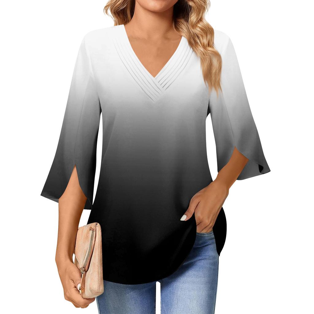 Dámská pracovní košile Skládané šaty s 3/4 rukávem Top košile s výstřihem do V Neformální košile se zavazováním do pasu Business košile