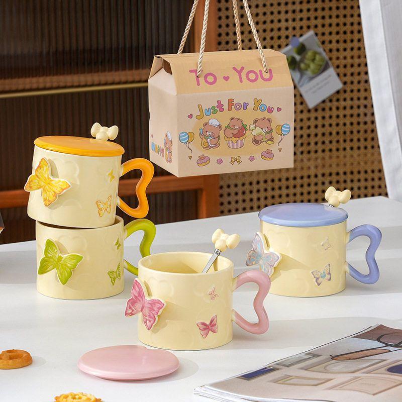 Embossed Butterfly High Looking Office Souvenir Ceramic Cup with Lid Mug  Couple Water Cup