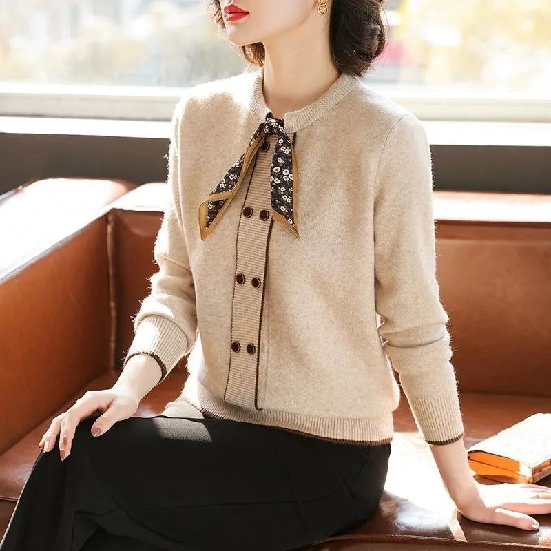 

Весенняя одежда для мамы в западном стиле, трикотажные топы, весенне-осенние вязаные базовые рубашки для женщин среднего и пожилого возраста, свитера со шнуровкой XS бежевый