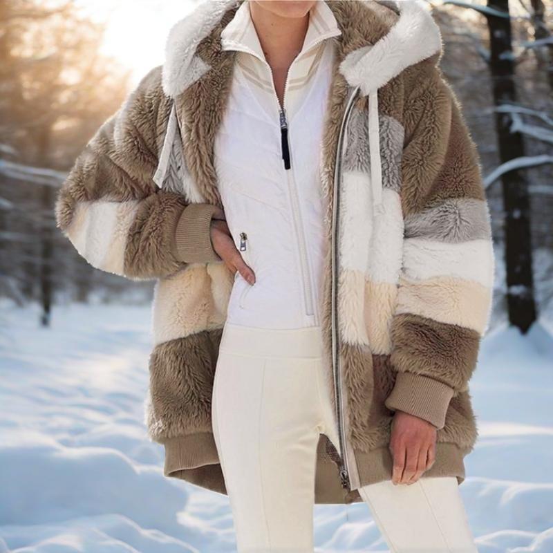 Warm plush patchwork zipper pocket hooded loose jacket