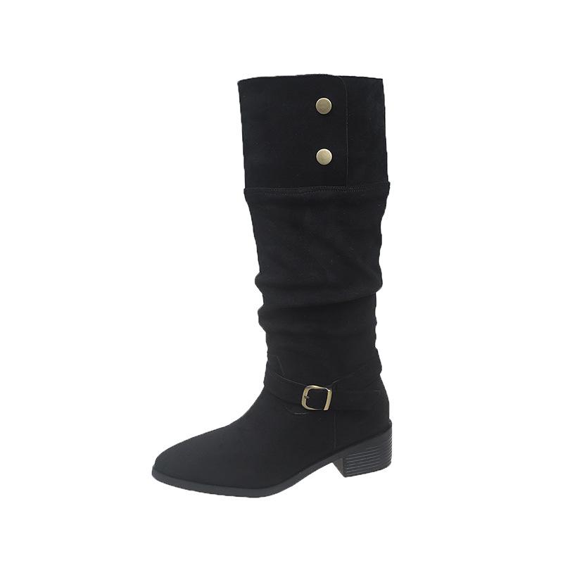 2025 autumn and winter new comfortable versatile stacking boots small long boots pleated belt buckle suede boots