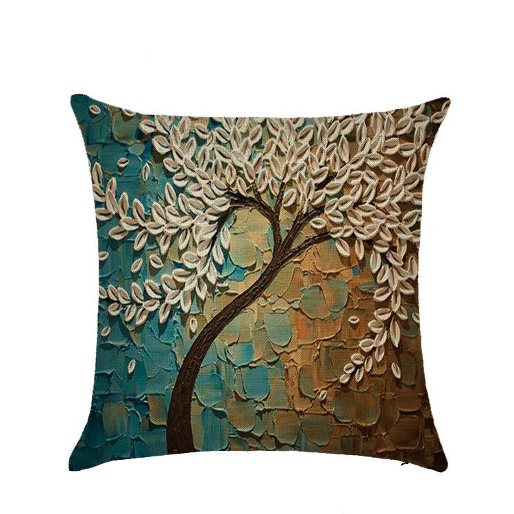 Sofa Pillow European Three-dimensional Oil Painting Tree Print Polyester Cushion Home