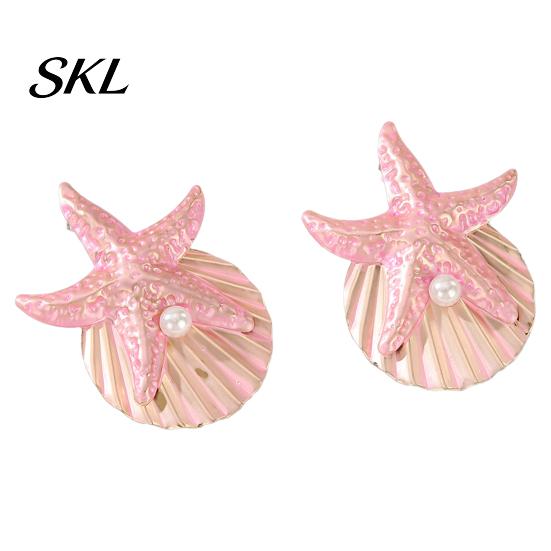 Bright Color Earrings 1 Pair Starfish Shell Dangle for Women, Faux Ocean Theme Jewelry Pearl Bohemian Beach Earrings, Statement Summer Vacation розовый